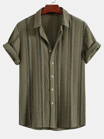 Geometric Striped Jacquard Button Up Shirt & Crinkle Textured Drawstring 5" Shorts