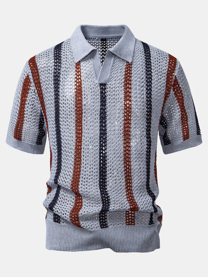 Striped Crochet V Neck Polo & Crinkle Textured Drawstring 5" Shorts