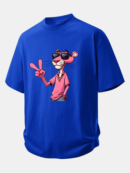 Relax Fit Pink Panther With V Sign Print Cotton T-Shirt