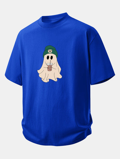 Relax Fit Darkgreen Hat Ghost Print Cotton T-Shirt