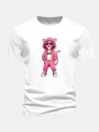 Regular Fit Street Fashion Pink Panther Print Cotton T-Shirt