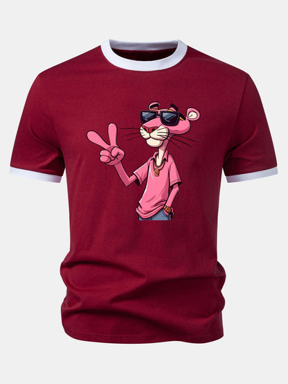 Pink Panther With V Sign Print Contrast Ringer T-Shirt