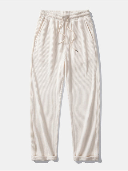 Contrast Textured Johnny Collar Knit Polo & Drawstring Knitted Waffle Pants