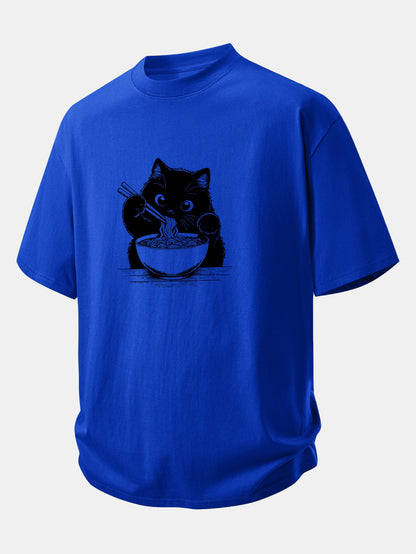 Relax Fit Black Cat Ramen Print Cotton T-Shirt