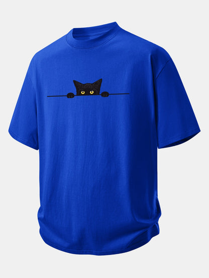 Relax Fit Black Cat Print Cotton T-Shirt