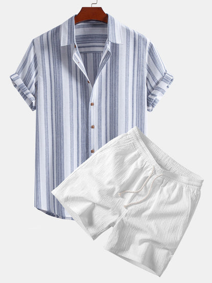 Stripe Linen Look Button Up Shirt & Crinkle Textured Drawstring 5" Shorts