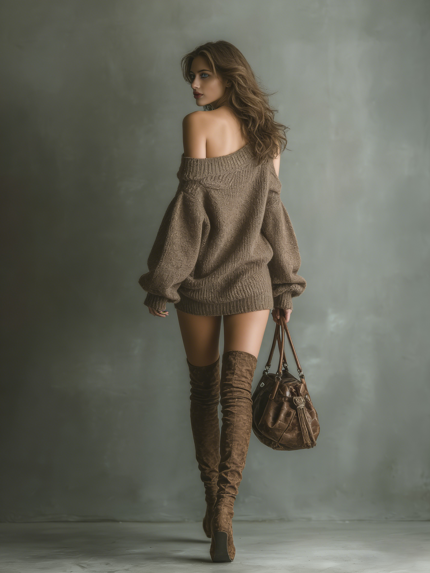 Brown Off-Shoulder Knit Mini Dress