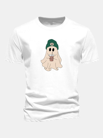 Regular Fit Darkgreen Hat Ghost Print Cotton T-Shirt