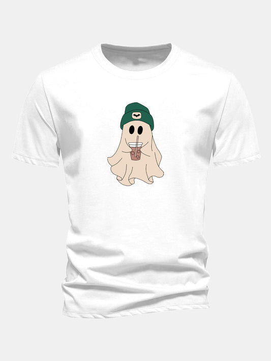 Regular Fit Darkgreen Hat Ghost Print Cotton T-Shirt