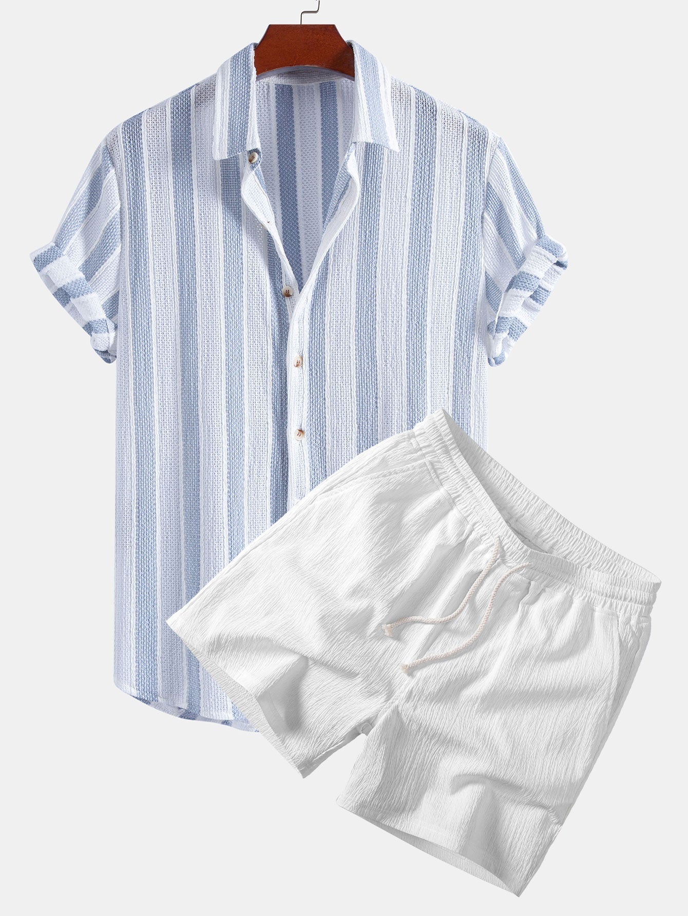 Textured Striped Button Up Shirt & Crinkle Textured Drawstring 5" Shorts