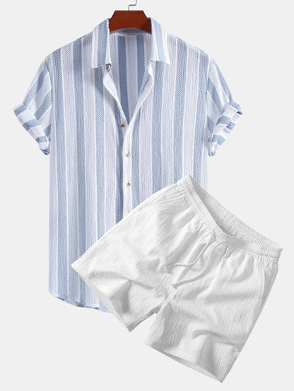 Textured Striped Button Up Shirt & Crinkle Textured Drawstring 5" Shorts