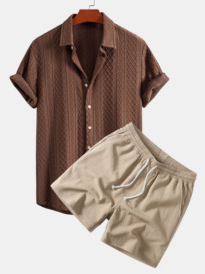 Geometry Rhombus Jacquard Button Up Shirt & Crinkle Textured Drawstring 5" Shorts