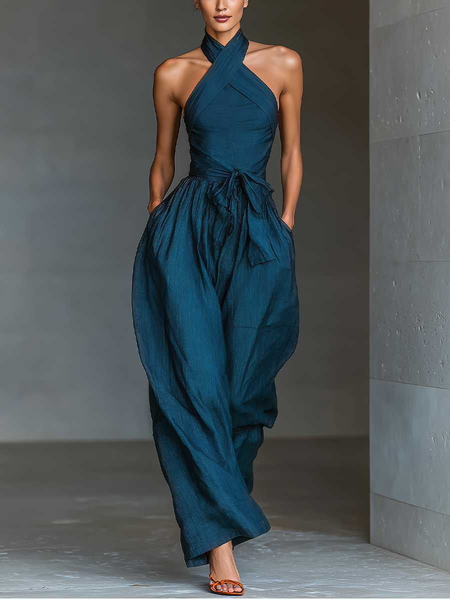 Navy Linen Cross Halter Wide-Leg Jumpsuit