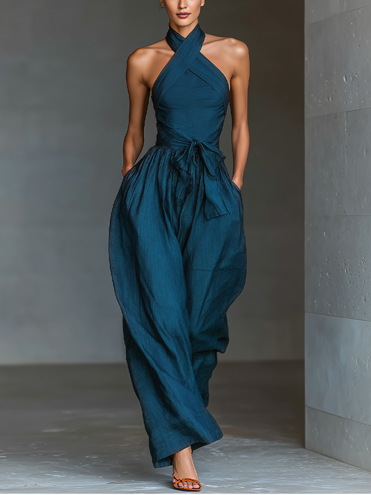 Navy Linen Cross Halter Wide-Leg Jumpsuit
