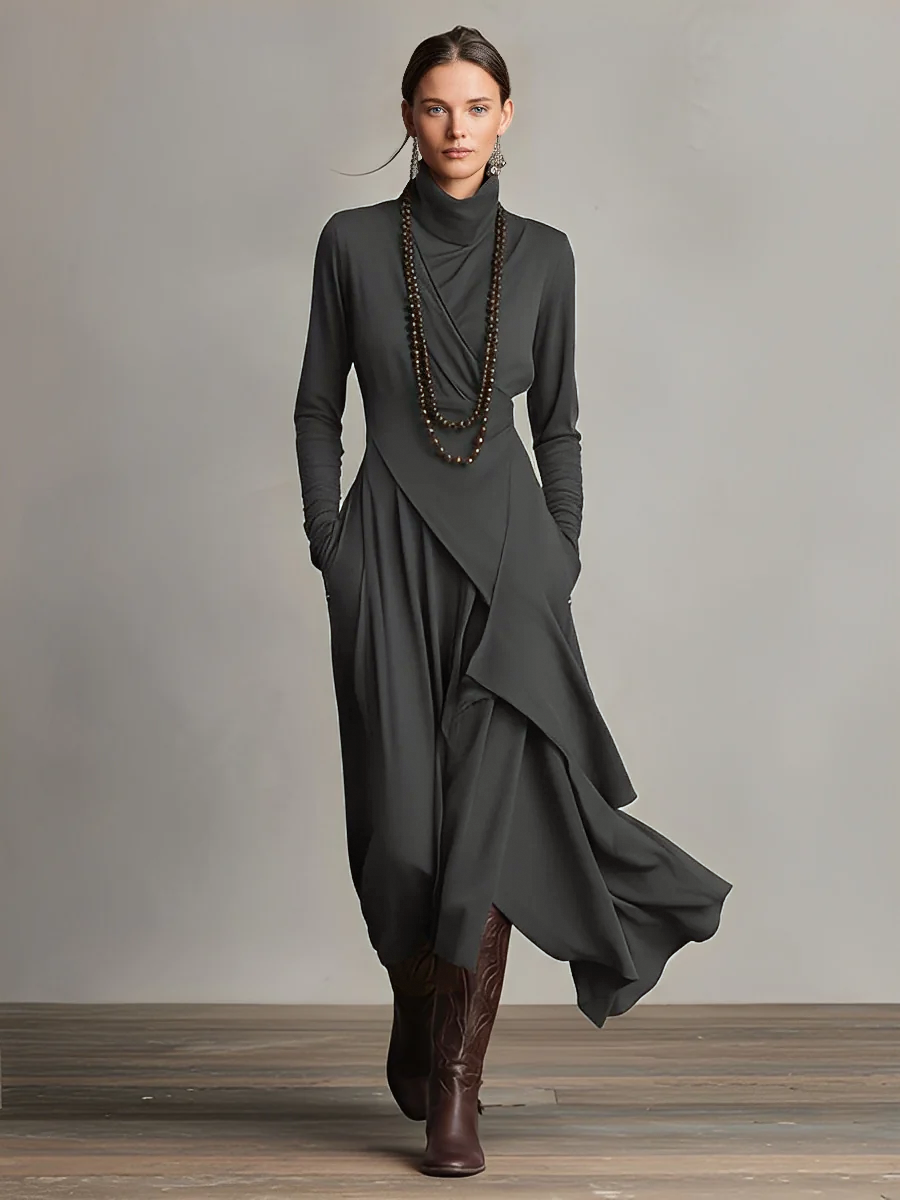 Purple Boho Cotton Turtleneck Asymmetric Draped Maxi Dress