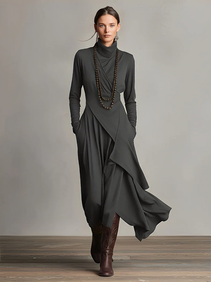 Purple Boho Cotton Turtleneck Asymmetric Draped Maxi Dress