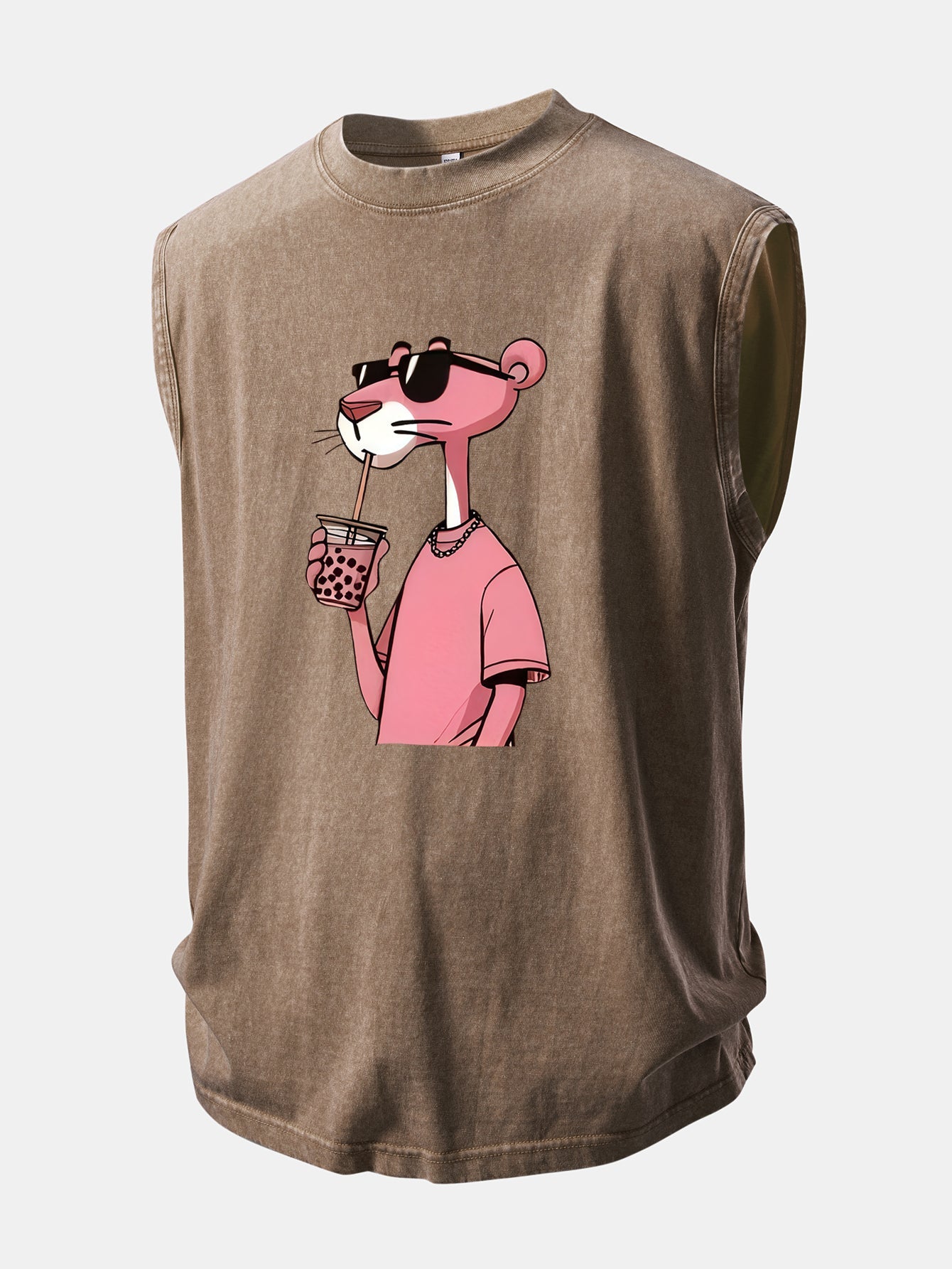 Pink Panther Print Washed Distressed Tank Top