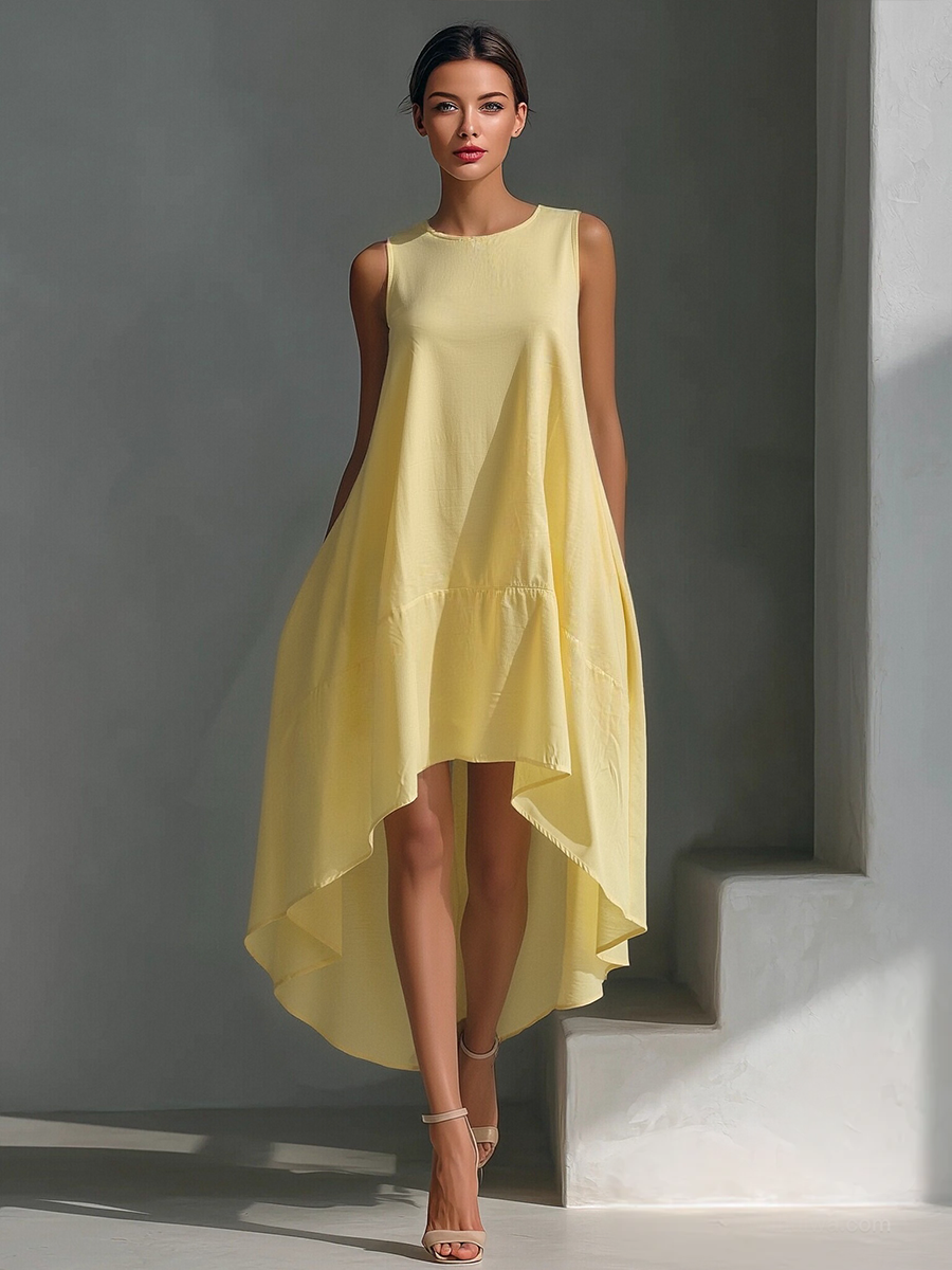 Linen Sleeveless Asymmetric Hem Midi Dress