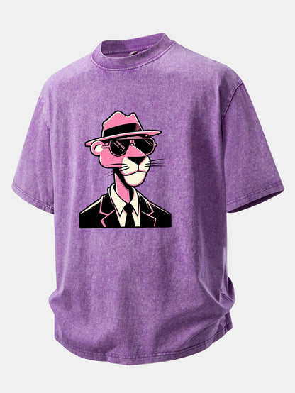 Pink Gentleman Panther Print Washed Distressed Drop Shoulder T-Shirt