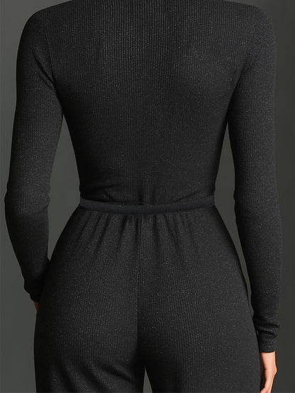 Knit Sparkling Zipper Front Jumpsuit