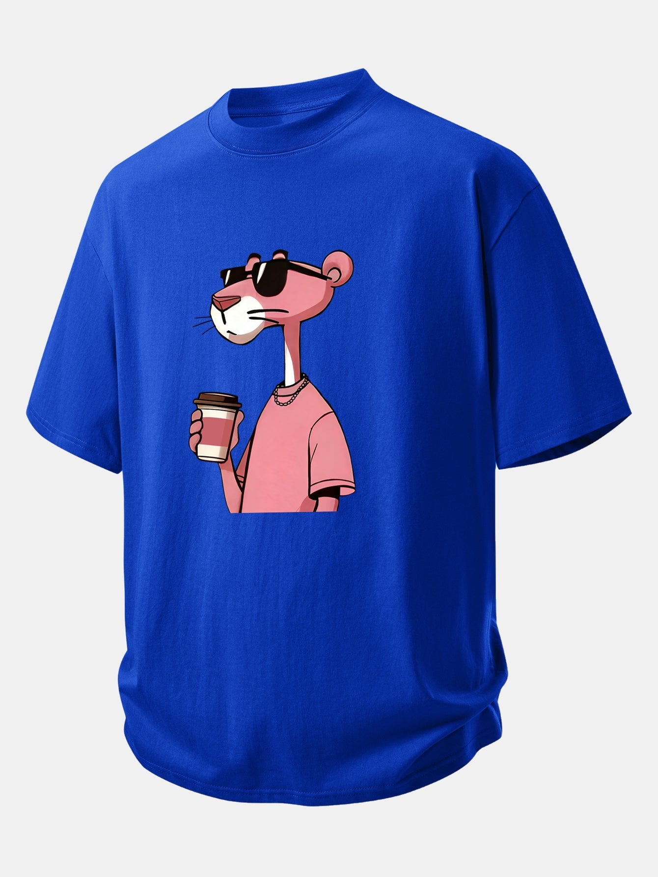 Relax Fit Pink Panther Drinking Coffee Print Cotton T-Shirt
