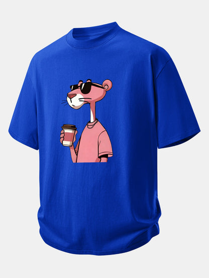 Relax Fit Pink Panther Drinking Coffee Print Cotton T-Shirt