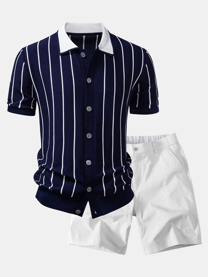 Stripe Button Up Knit Shirt & Elastic Waist Chino Shorts