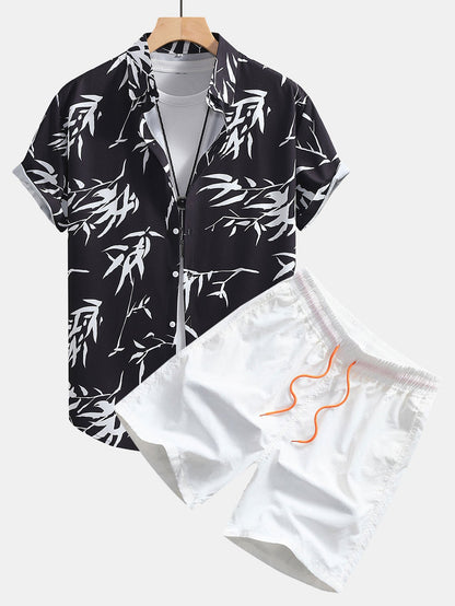 Bamboo Leaves Print Button Up Shirt & Swim Shorts