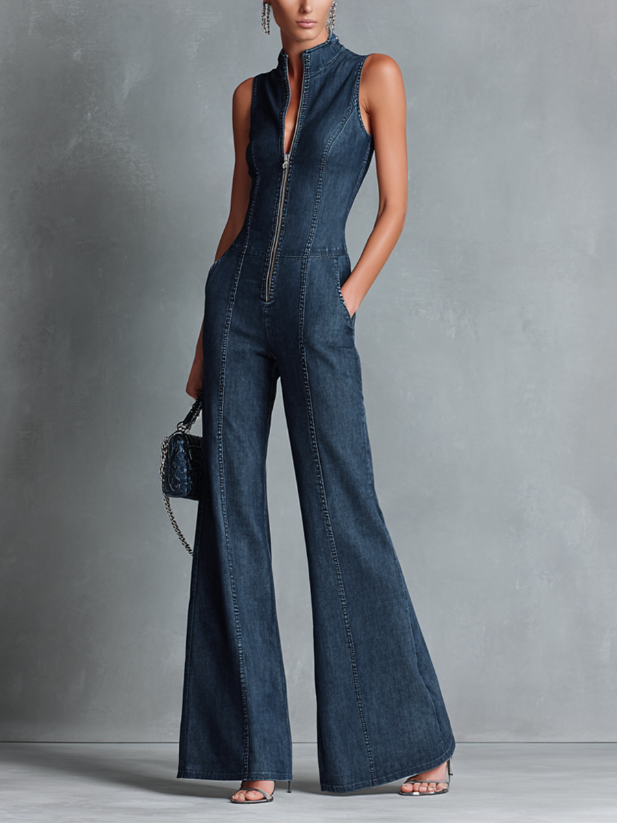 Women’s Retro Denim Flared Jumpsuit
