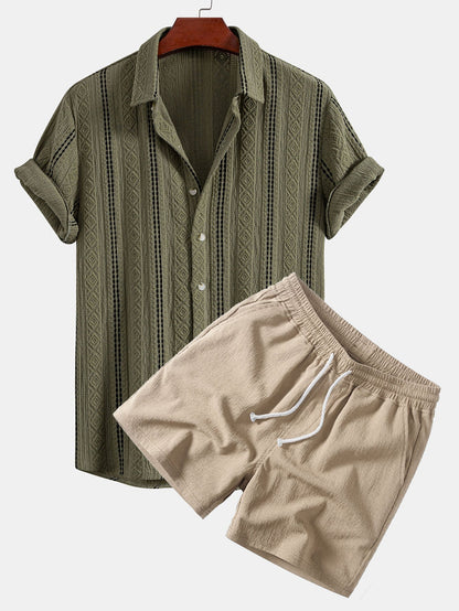Geometric Striped Jacquard Button Up Shirt & Crinkle Textured Drawstring 5" Shorts
