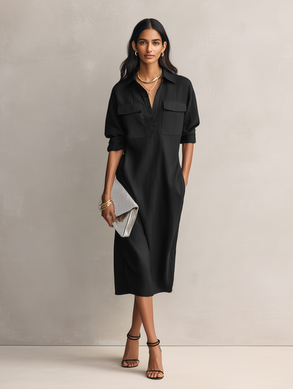 Black Cotton-Linen Shirt Collar Short Sleeve Midi Dress