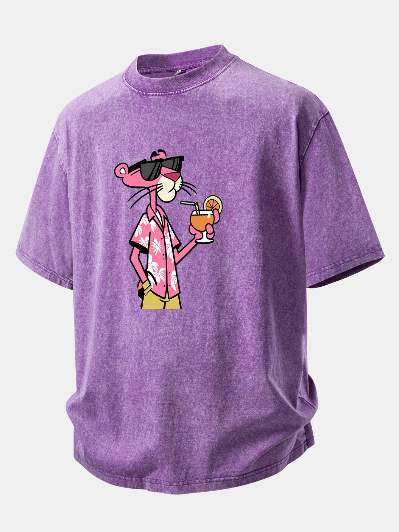 Vacation Pink Panther Print Washed Distressed Drop Shoulder T-Shirt