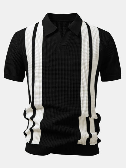 Stripe Johnny Collar Knit Polo & Drawstring Knitted Waffle Pants