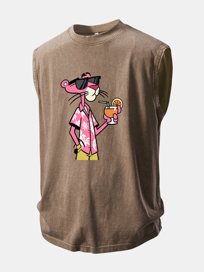 Vacation Pink Panther Print Washed Distressed Tank Top