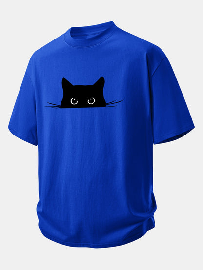 Relax Fit Black Cat Print Cotton T-Shirt
