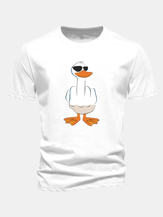 Regular Fit Funny Middle Finger Duck Print Cotton T-Shirt