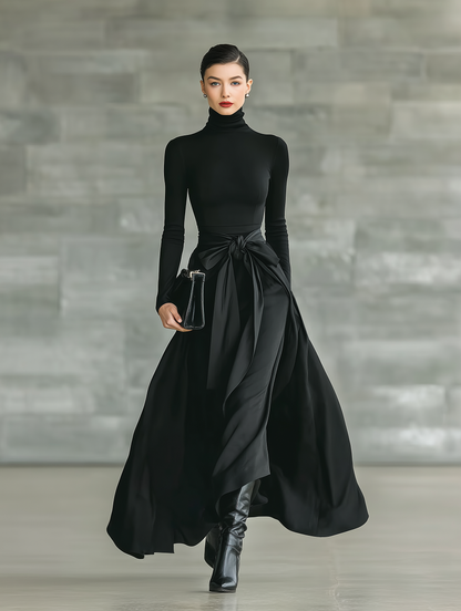 Black High-Neck Knitted & Satin Flared Maxi Dress