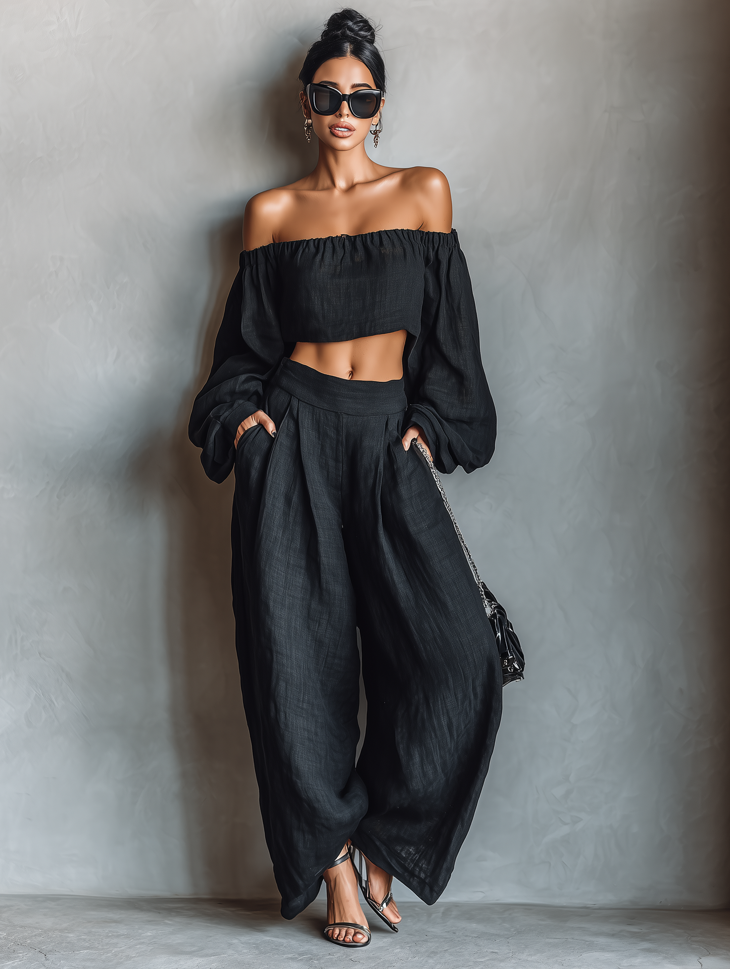 Linen Strapless Blouse & Wide-Leg Pants Set