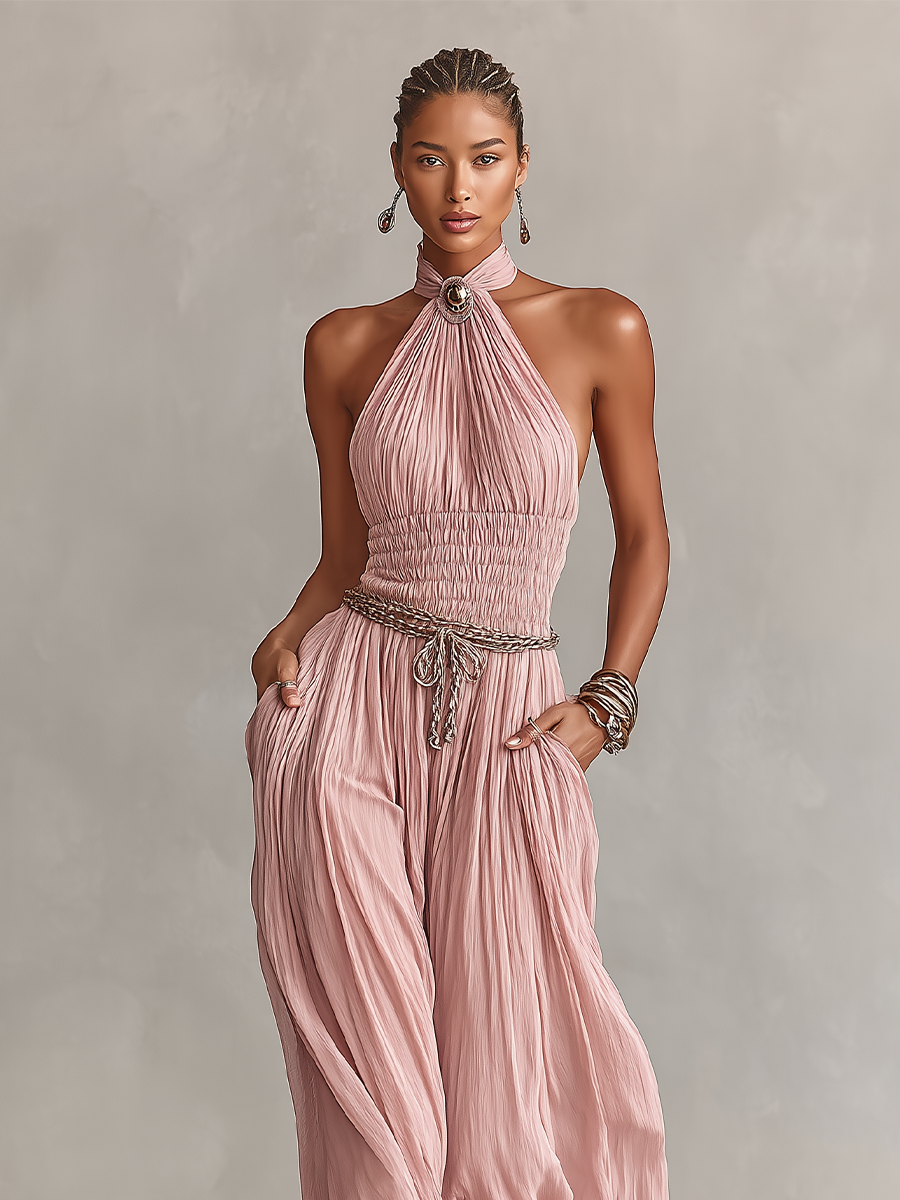 Blush Pleated Halter Neck Ruched Waist Jumpsuit