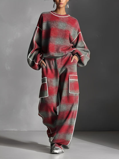 Red & Grey Plaid Colour Block Piping Pantsuit Set