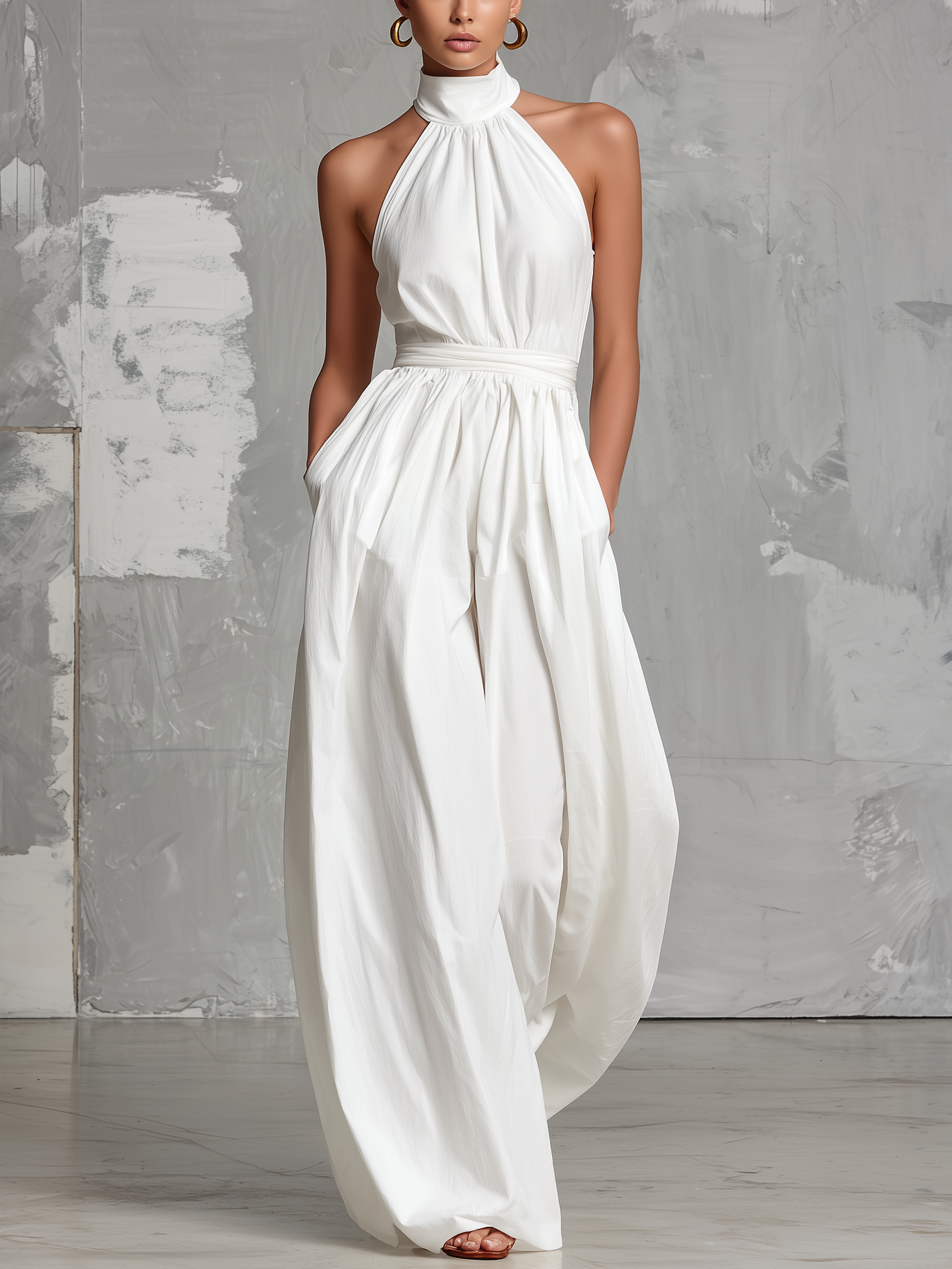 White Woven Sleeveless Halter-Neck Jumpsuit