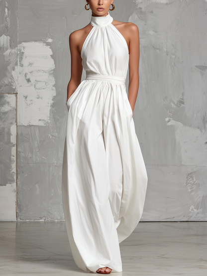 White Woven Sleeveless Halter-Neck Jumpsuit