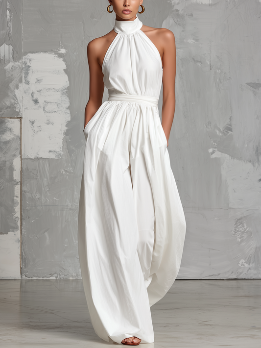 White Woven Sleeveless Halter-Neck Jumpsuit