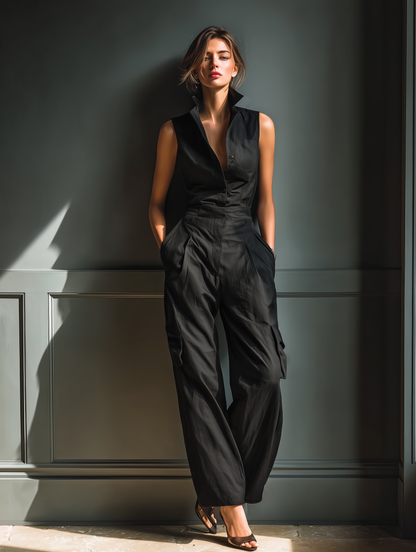 Cotton-Linen Collared Cargo Jumpsuit