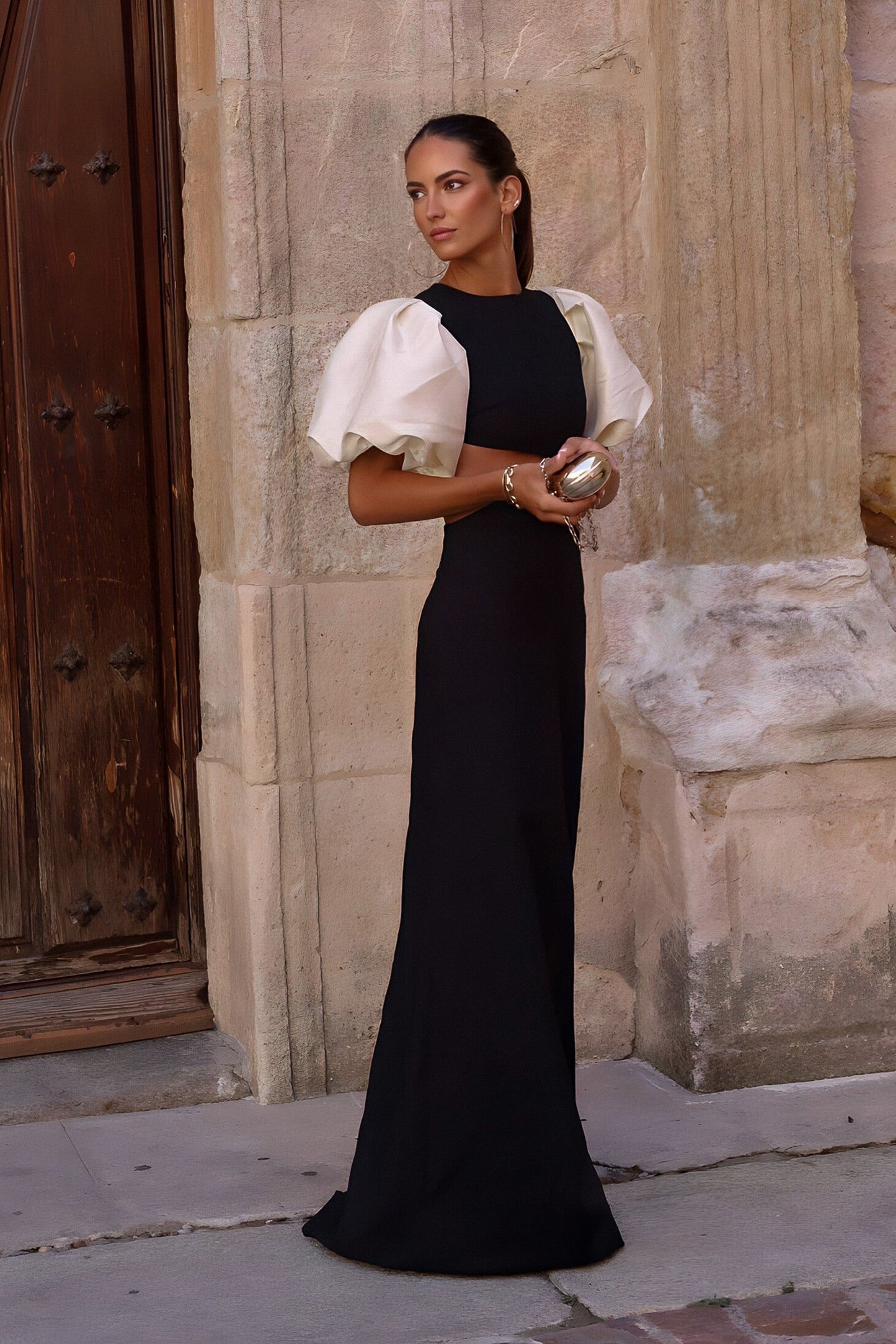 Black Dress with Pearl Balloon Sleeves