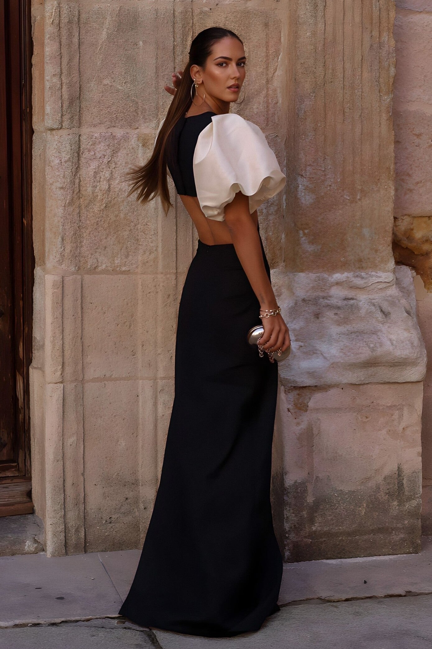 Black Dress with Pearl Balloon Sleeves