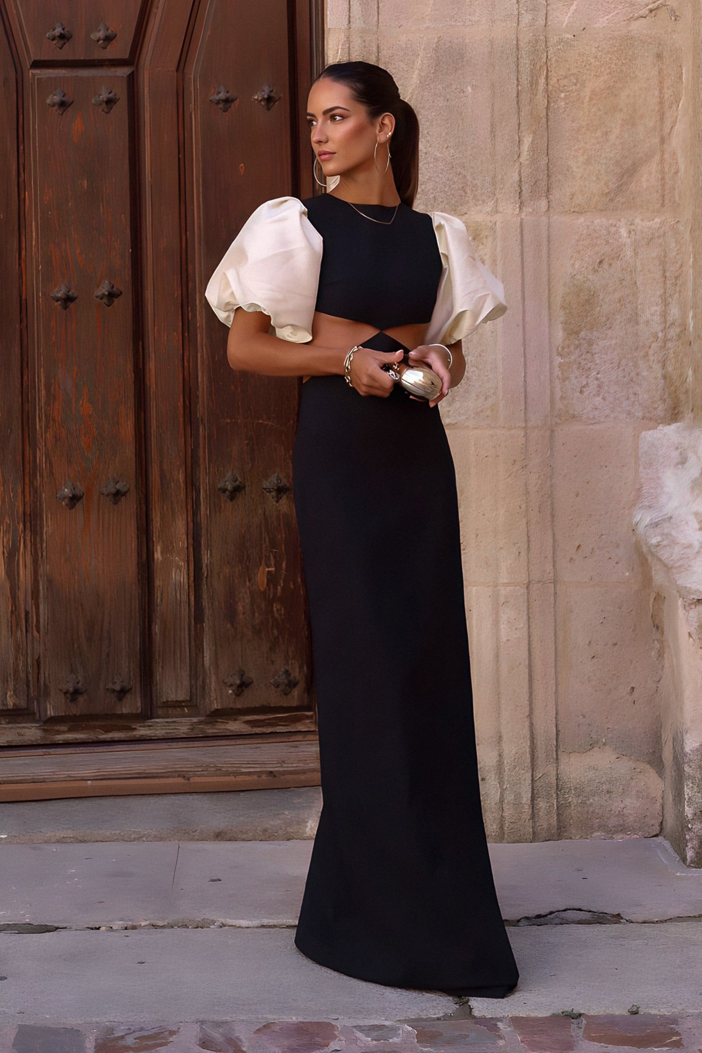 Black Dress with Pearl Balloon Sleeves