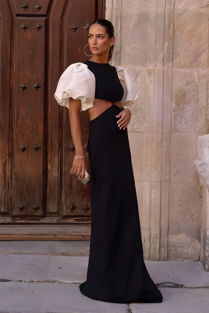 Black Dress with Pearl Balloon Sleeves