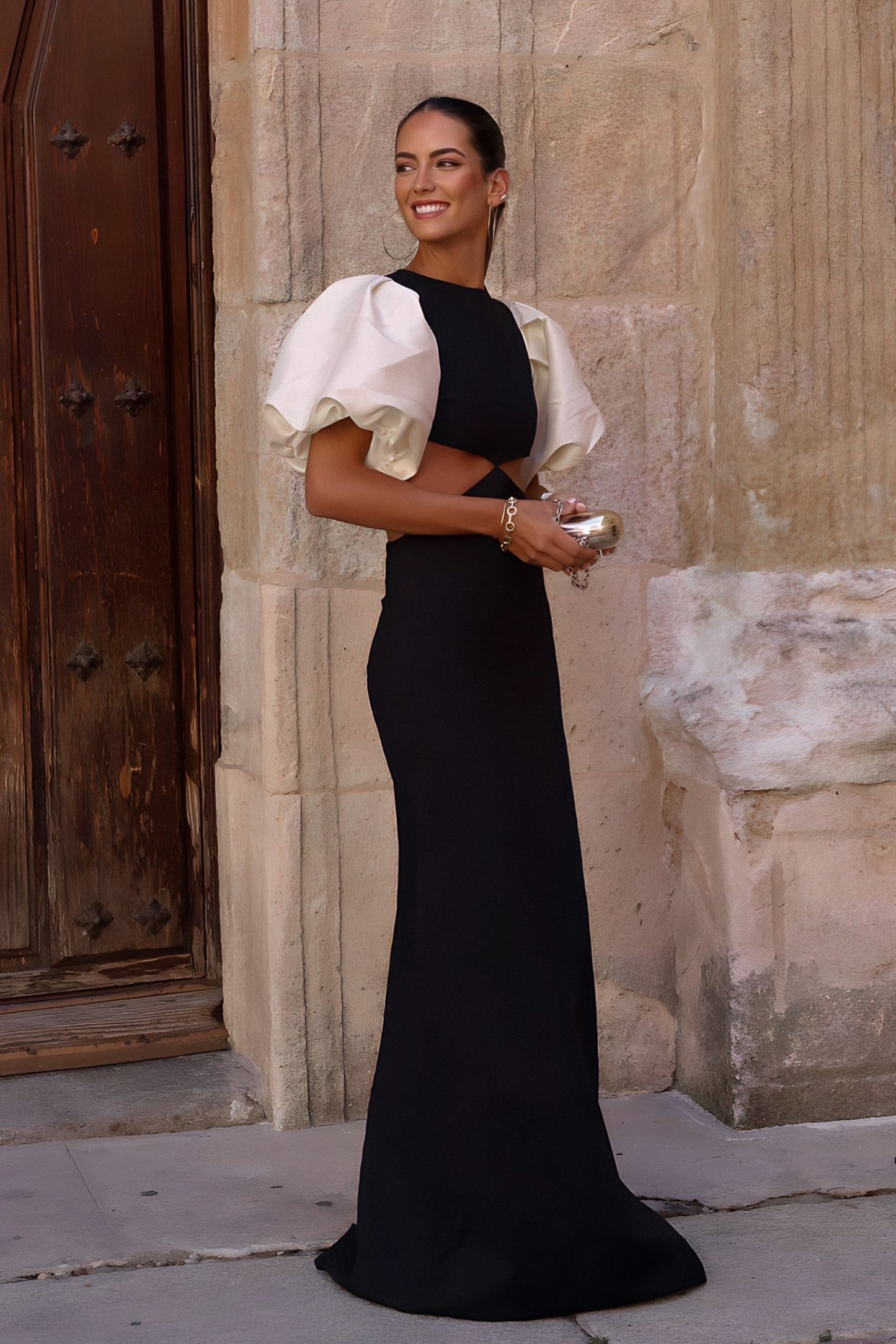 Black Dress with Pearl Balloon Sleeves
