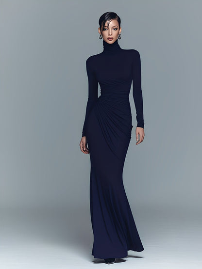 Navy Stretch Turtleneck Draped Maxi Dress